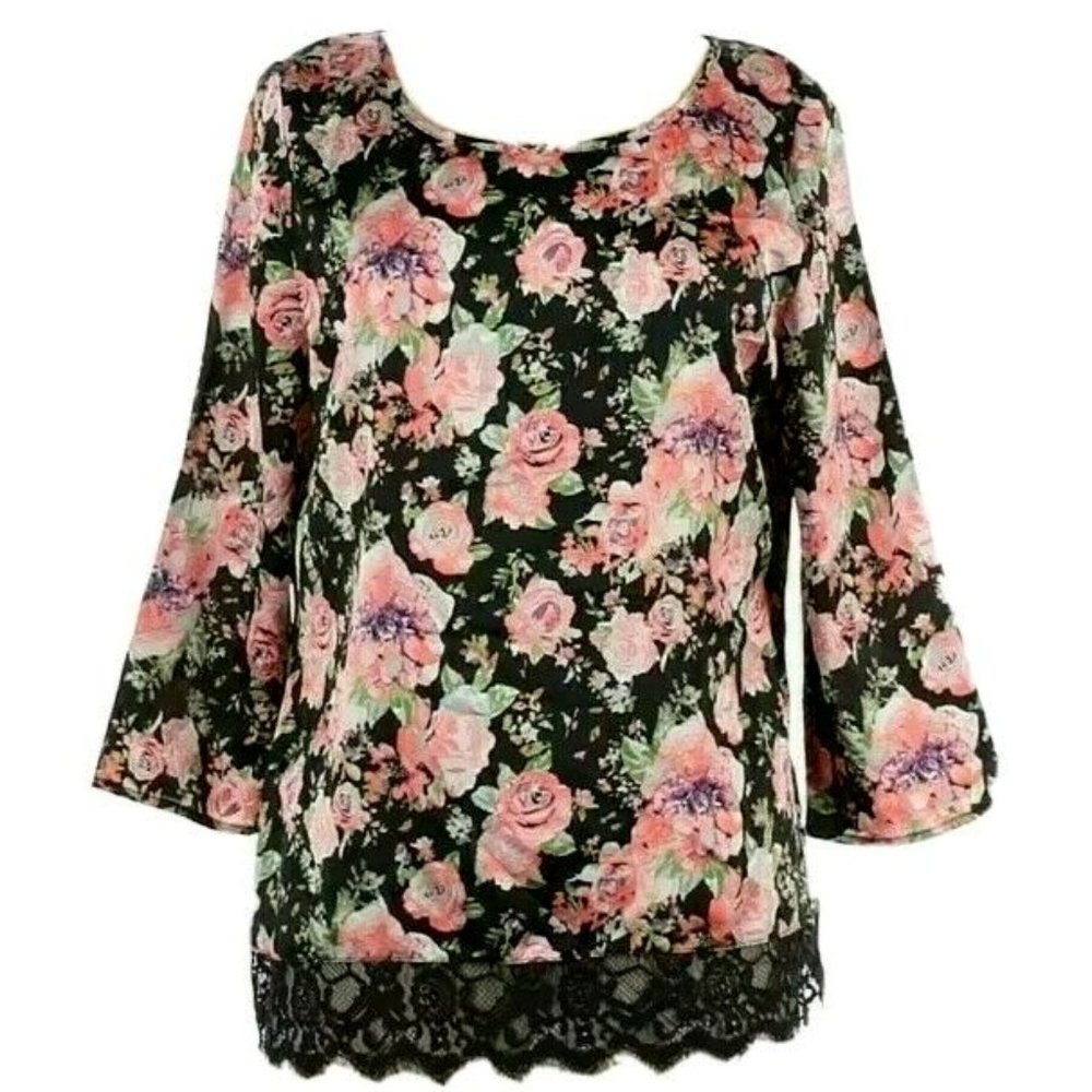 NEW Skies Are Blue Black Floral Print 3/4 Sleeve Scoop Neck Lace Hem Blouse M
